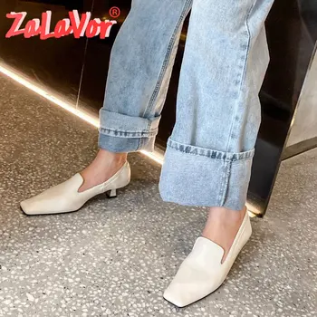 

ZALAVOR Women Pumps Genuine Leather Vintage Square Toe High Heel Shoes Women Spring Comfort Soft Casual Footwear Size 34-39