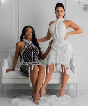 

Sf0734 Turtlenenck Backless Party NPub Bandage Dress Pearl Tassel New style sexy women celebrity body con dresses wholesale