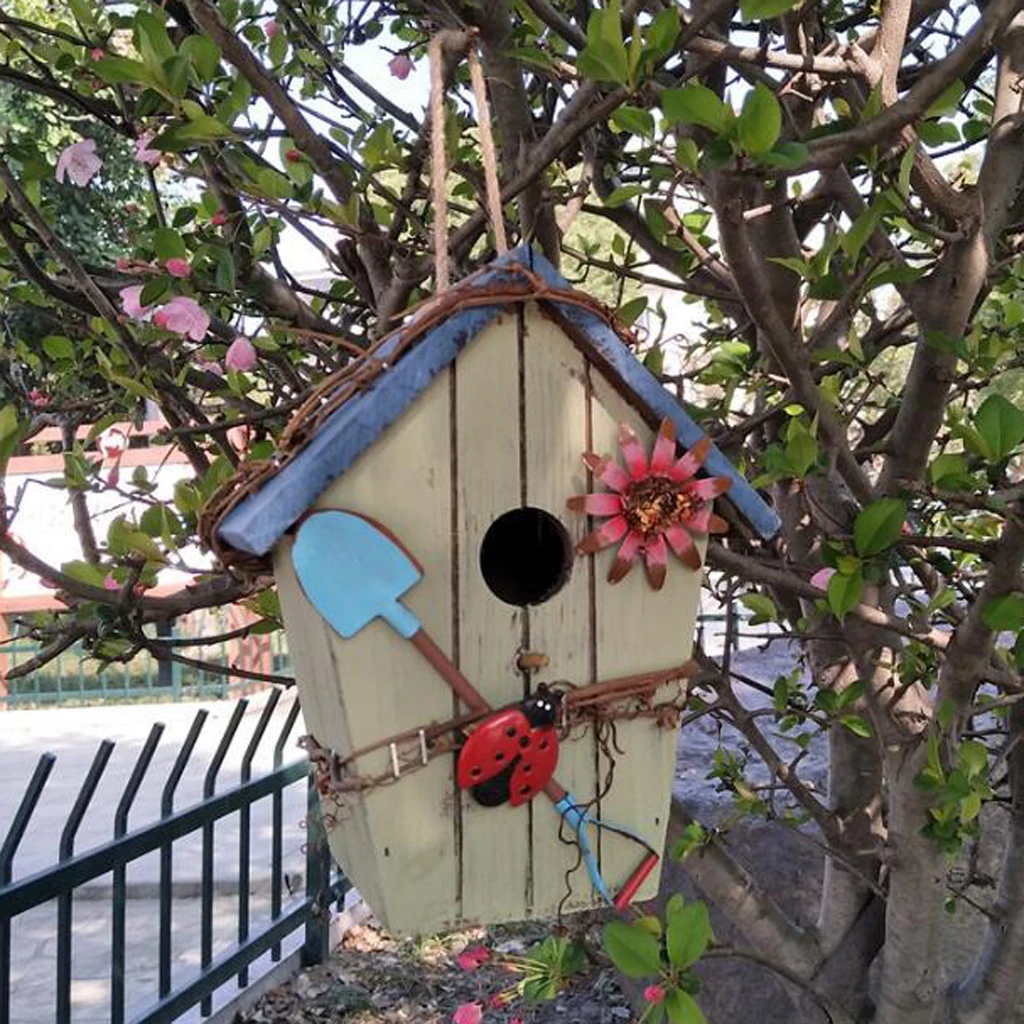 Decorative Bird House with Flower, Jute Cord, Ladybug, Hanging Garden Decoration Hanging Nest Hanging Bird House Bird Feeder