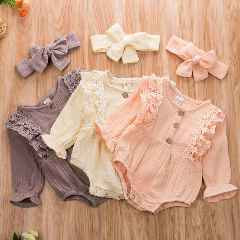 

0-24M Baby Girl Clothes Bodysuit Kids Romper Girls Lace Solid Long Sleeve Jumpsuit Infant Playsuit Headband Newborn Outfits 2Pcs