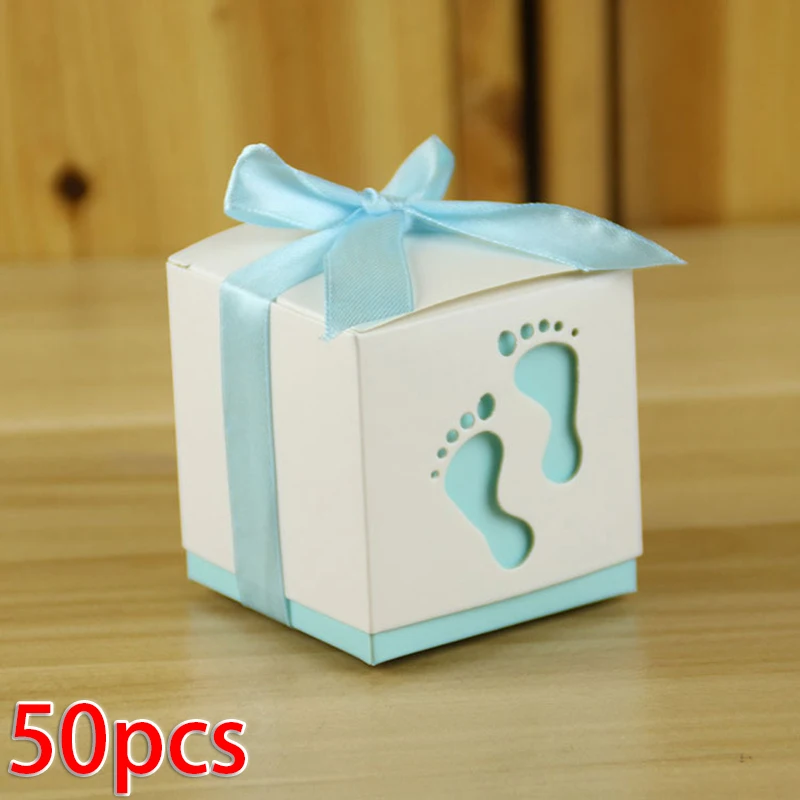 

50pcs/Set Candy Boxes Baby Footprints With Bow Paper Debut Giveaways Birthday Favor Gift Bags Party Festive Supplies