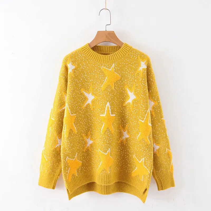 

Autumn Spring knitted sweater women pullover O neck furry pentagrams Stars pattern long sleeve Casual Sweater femme chic lady