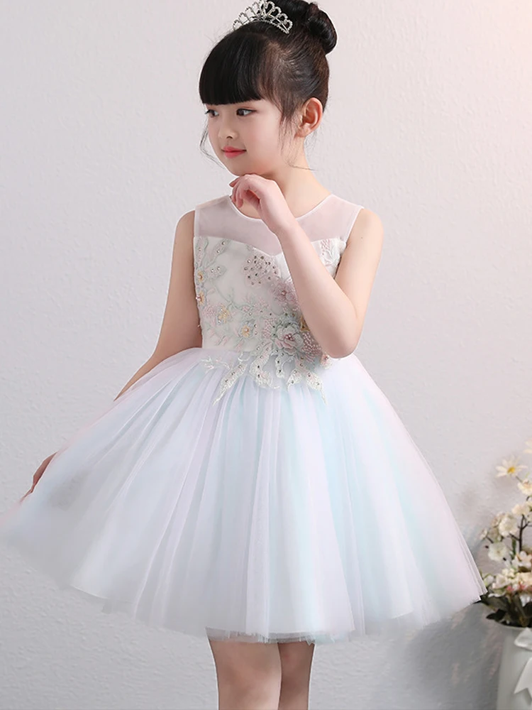 Skyyue/Платья с цветочным узором для девочек на свадьбу, с круглым вырезом, кружевная вышитая тюль, бальное платье, Beeding, Детские вечерние