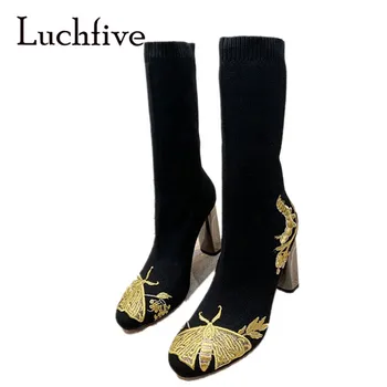 

Butterfly Embroidery Sock Boots Ankle Long Block Heel Elastic Shoes Winter Women Dress Boots Knitted Black Gold Silver Shoes