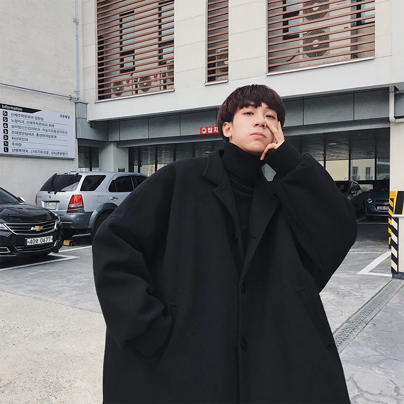 Korean Winter Man Fashion Tide Turn-down Collar Bat Sleeve Loose Casual Black/Khaki Color Woolen Blends Overcoat Coat M-2XL