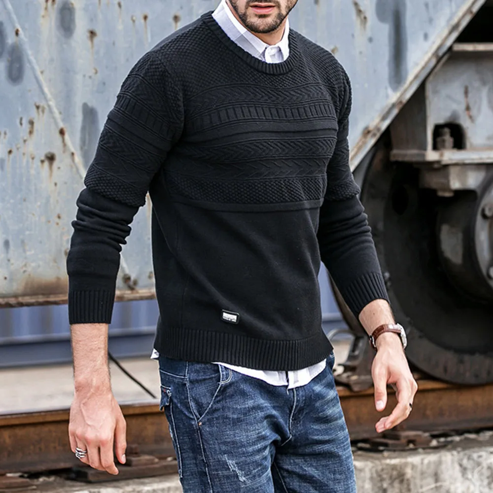 Autumn Winter Korean Fashion Men Knitting Sweater Round Neck Pullover Jumper Long Sleeve Basic Black Male Knitwear Tops