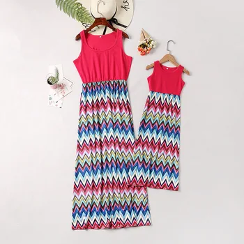 

Mother Daughter Dresse Family Matching Clothes Striped Sleeveless Striped Mom and Daughter Casual Long Dress Family Look Fashion