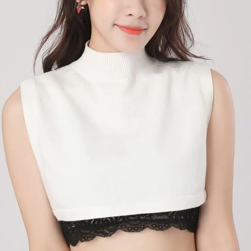 

Women Winter Sweater Decorative False Fake Collar Ribbed Knit Turtleneck Stand Collar Adjustable Stretchy Half-Shirt Crop Top