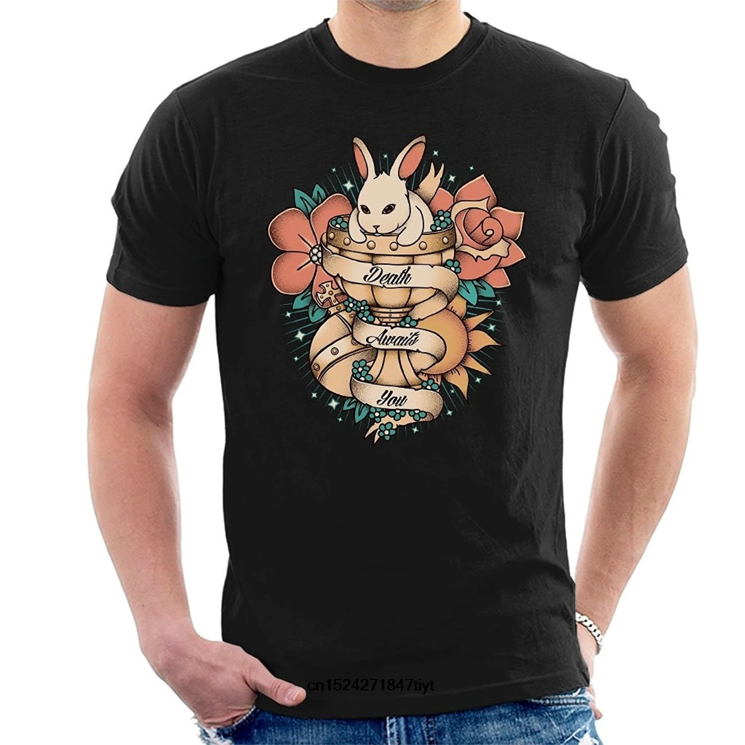 Fashion Mens Rabbit of Caebannog Monty Python and The Holy Grail Tattoo Style Men Funny T-Shirt |