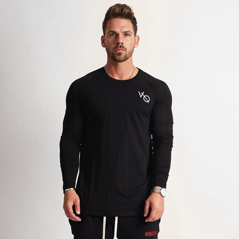 

VQ Muscle Fitness Autumn And Winter New Style Running Elasticity Sports Long Sleeve Men's Trendy Pure Color Tops MEN'S Long-sle