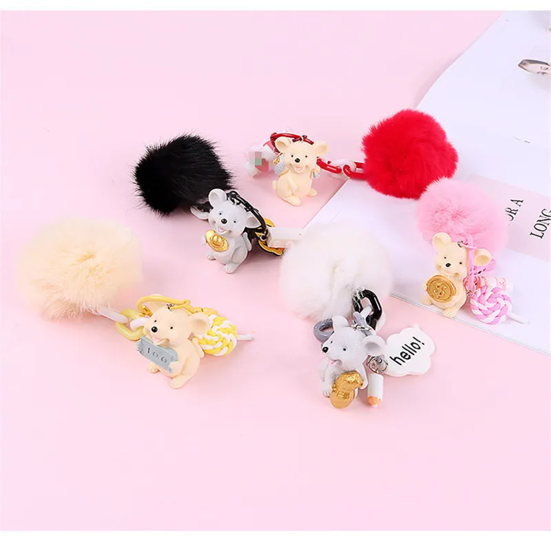 

Lucky Little Mouse Key Chain For Women Faux Rabbit Fur Fluffy Pompon Fur Ball Keychain Trinket Charm Bag Key Ring Pendant