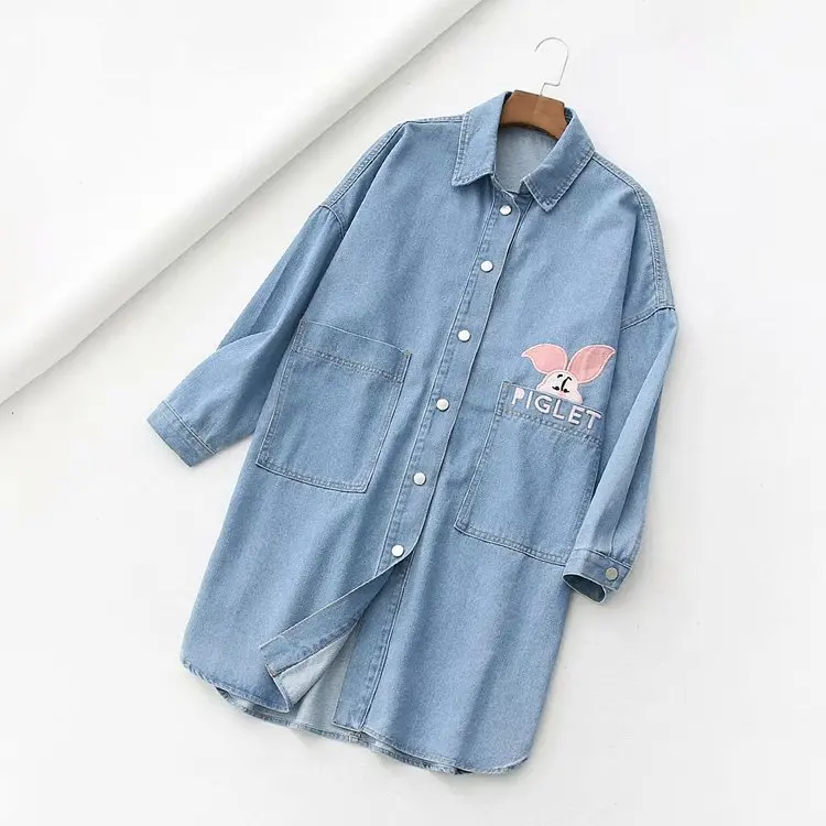 

2019 Spring-Style New Products Fold-down Collar Embroidered Jeans Coat Women's E-917