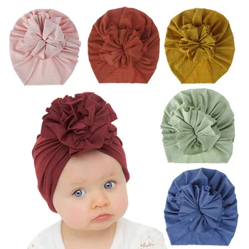 

2020 New Fashion Pleated Flower Babies' Knitted Cotton Cloth Beanie Cute Flower Baby Girl Hat Soft Newborn Infant Cap Bonnet
