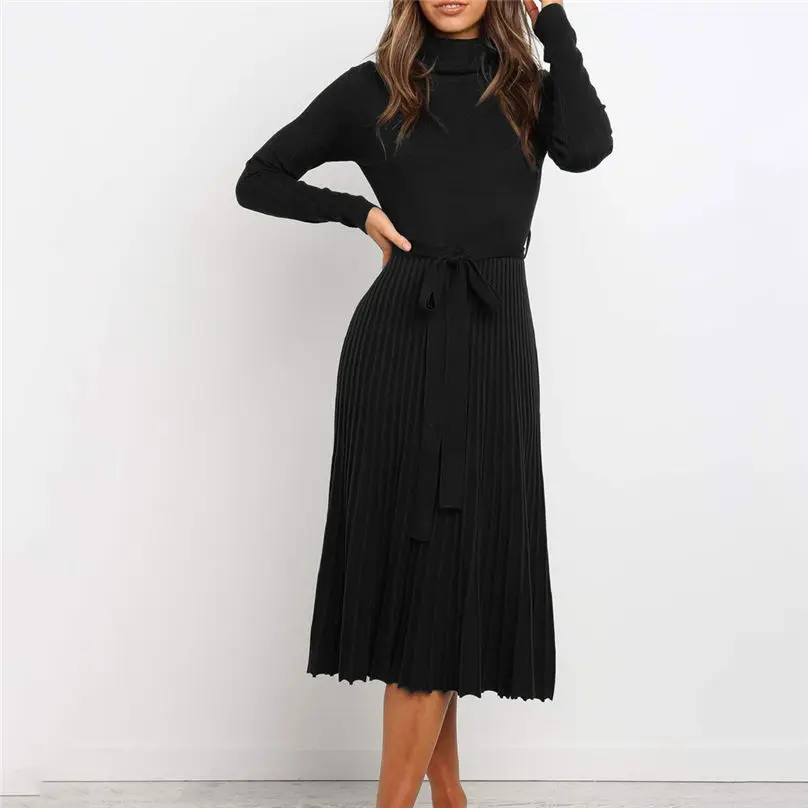 Fashion Women Turtleneck Winter Dresses 2019 Slim Casual Long Sleeves Dress Solid Color Swing Party Dress Vestidos платье 3Y26 (5)