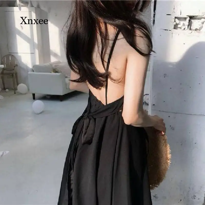 

2021 New A-Line Backless Dress Fashion Spaghetti Strap for Women Summer Simple Solid Color Slim Long Dresses Ladies Clothes