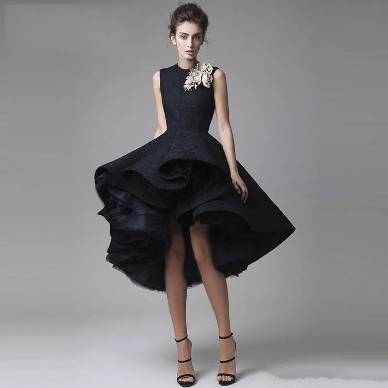 Black Prom Dress Hand Made Flower O-neck Knee Length Formal Party Gowns Sleeveless robes de soirée vestidos elegantes para mujer