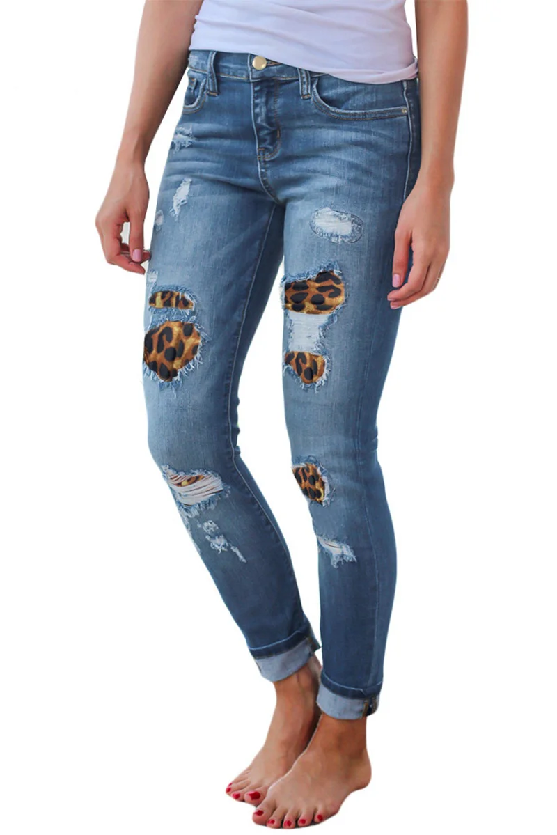 Women Jeans Skinny Hole Long Elastic Leopard Plaid Pencil Jeans For Female Full Stretch Denim Trousers Lady Jeans