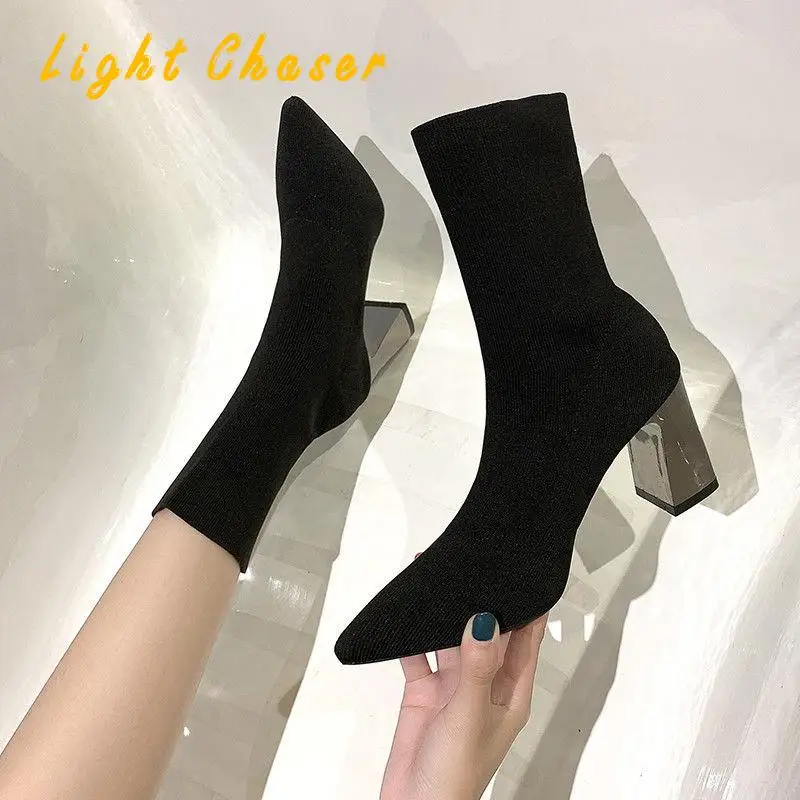 Pointed High-heeled Boots Women's Autumn/winter Knit Socks Boots Mid-tube Stretch Boots Mid-heel Thick-heeled Women's Short Boot