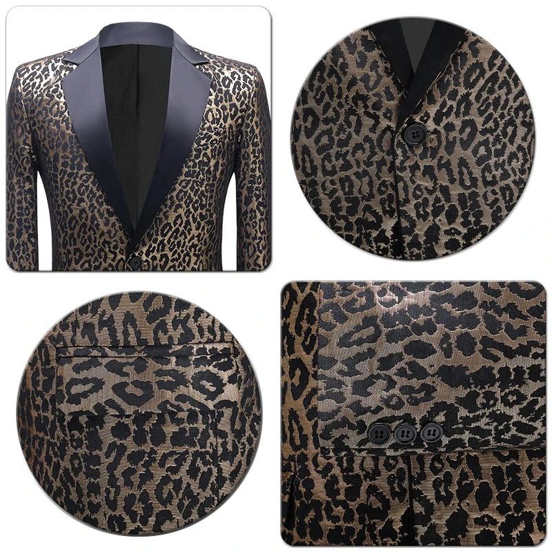 Men Blazers Party Prom Stage Costume Slim Fit Leopard Print Jacquard Tuxedo Jacket Banquet Ball Singer Host Dancer Nightclub Bar