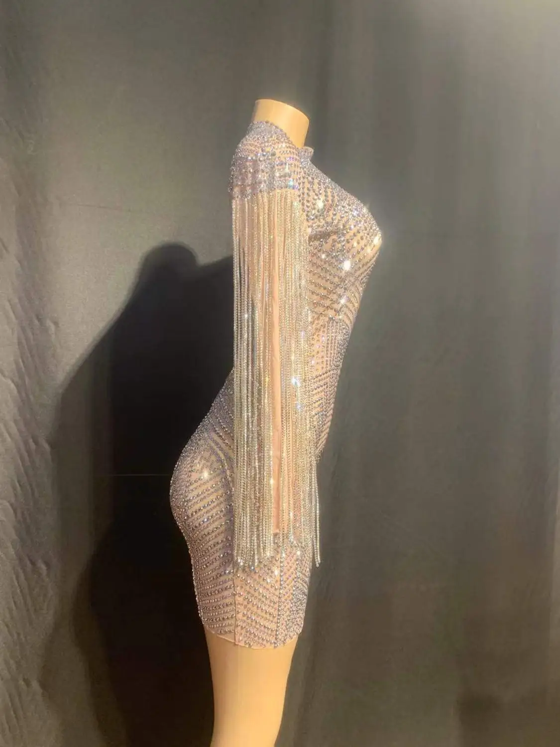 Женское сексуальное прозрачное Серебряное платье стразы сетка цельное с