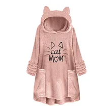 Харадзюку Толстовка Женская флисовая вышивка кошачьи ушки кошка мама печатная блузка Топ теплый негабаритных Карманов Куртки пальто с капюшоном