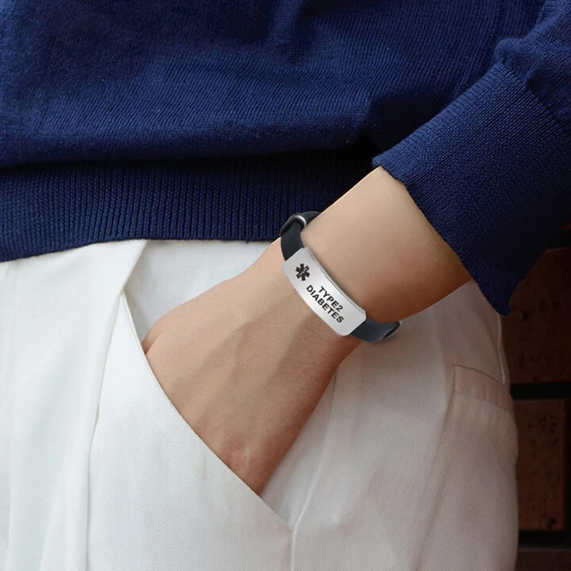 Type1-Diabetes-Silicone-Bracelet-Medical-Alert-ID-Bangle-for-Men-Woman-Child-Adjustable-Length-Wrist-SOS