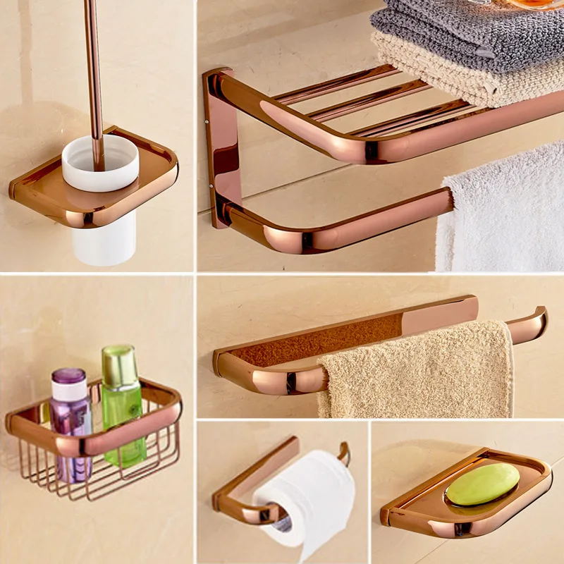 Rose Gold Double Towel Bars Bathroom Towel Ring Wall Mounted Bathroom Accessories Rack Ring Toilet Brush Soap Holder bathroom hardware set bathroom hardware accessories