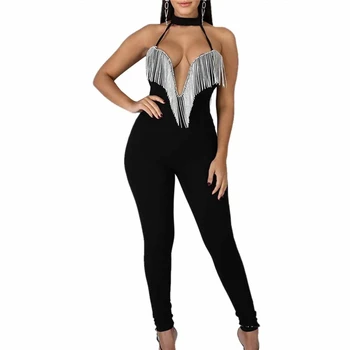 

Sexy Women Tessels Sequined Jumpsuit Deep V Neck Sleeveless Romper Long Pants Playsuit Clubwear Trousers Outfit