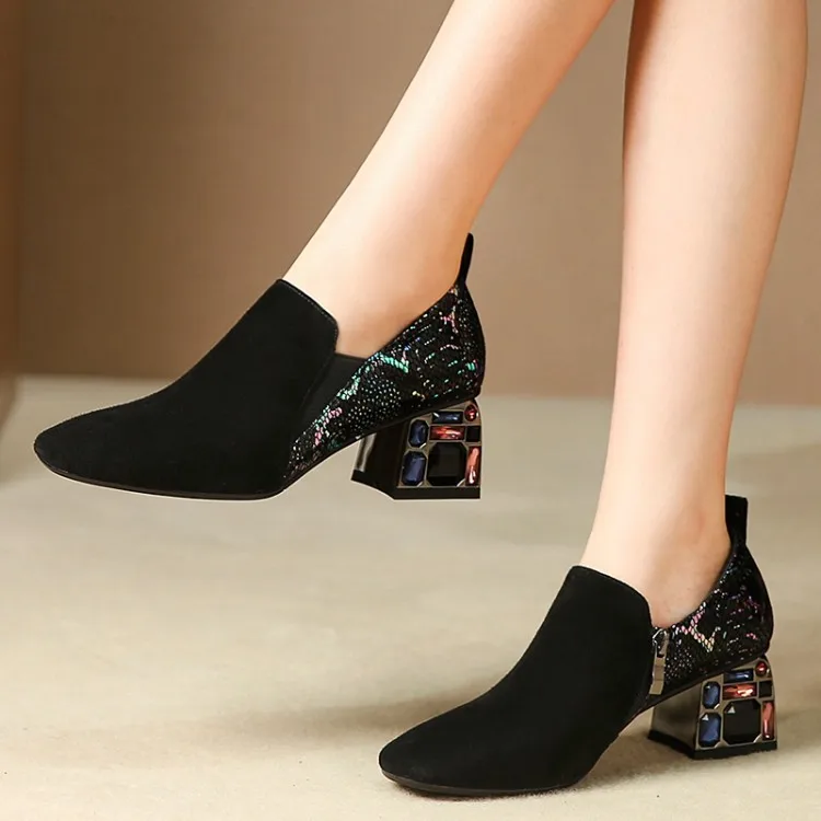 

Autumn Square Head Chunky Semi-high Heeled Solid Color Comfortable Liner Europe And America Man-made Diamond Women's Fashion Sho