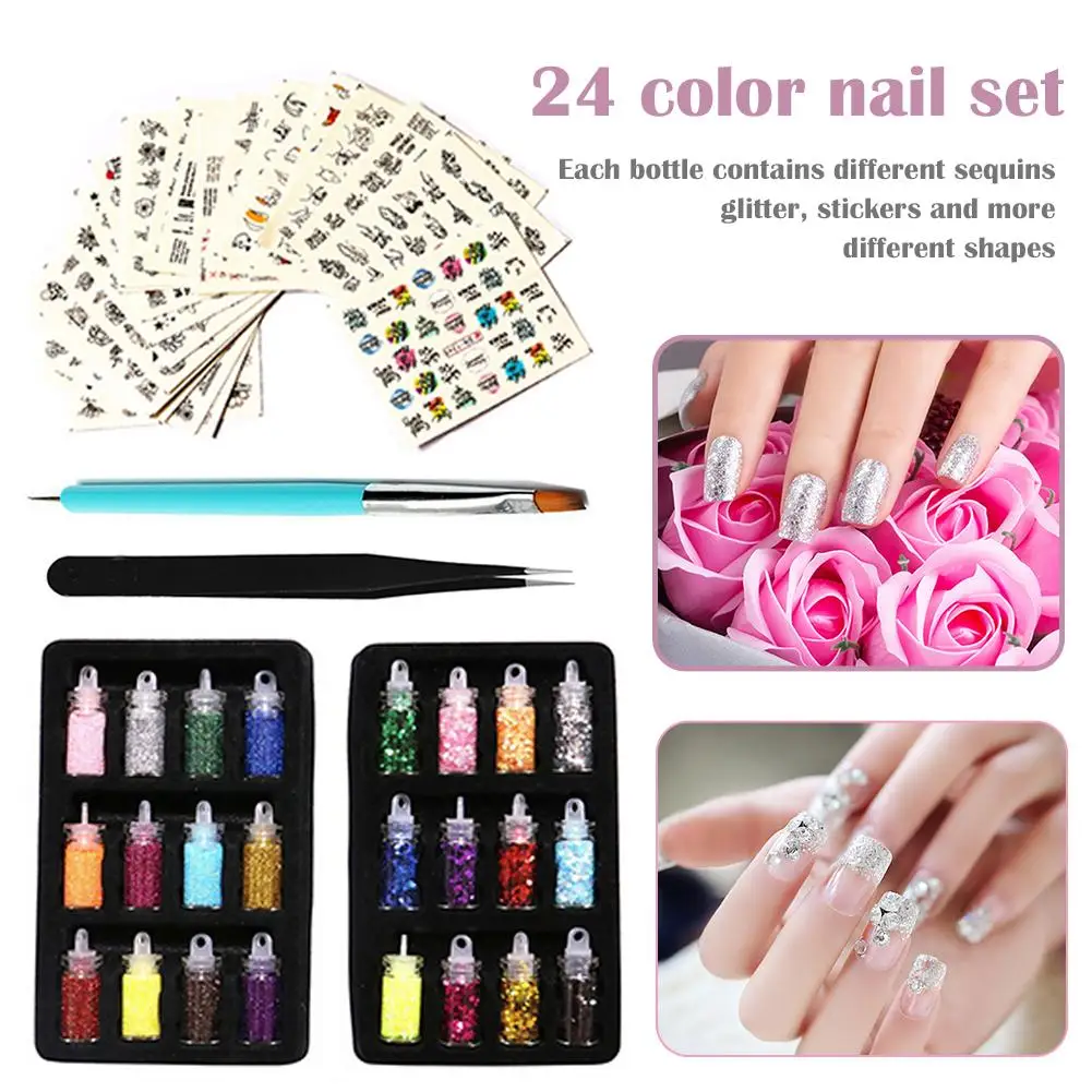 Nail Sequins Colorful Glitter Powder Sticker Manicure Nail Art Decals with Brush Tweezers for Women