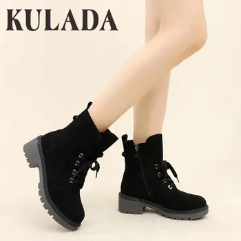 

KULADA Fashion Ladies Boots High Quality Suede Platform British Wind Thick Fur Martens Boots Combat Boots Women Winter Shoes