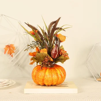 

Table Decoration Autumn Pumpkin Ornament Simulation Hydrangea Bonsai With Maple Leaf Pumpkin With Grass Artificial Decorations