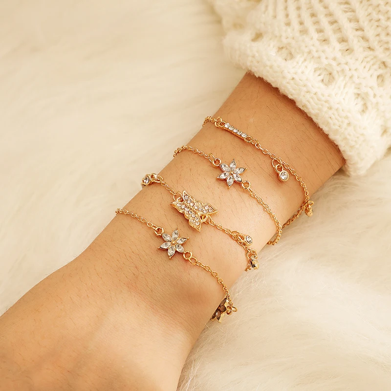 

Docona Luxury Gold color Flower Butterfly Crystal Gem Chain Multilayer Bracelet Ankle for Women Charm Beach Foot Jewelry 8259