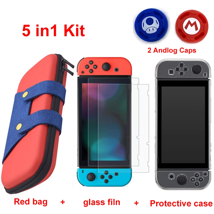5 in 1 red 5 в 1 сумка для хранения игровой консоли для nyd Switch NS чехол для nintendo Switch+ жесткий корпус+ пленка из закаленного стекла+ 2 крышки для захвата - Цвет: 5 in 1 red