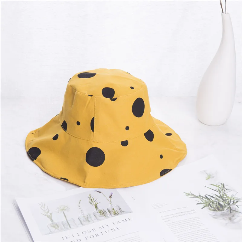 Sun Hat Women Summer Foldable Bucket Hat Harajuku Large Brim Dot Printed Beach Sun Hat Japanese Style Yellow Black Khaki Beige   (8)