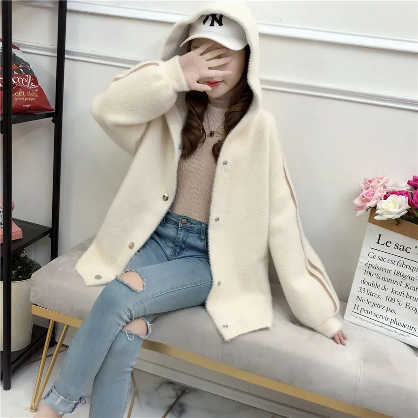 

Imitation Mink Woolen Knit Coat Autumn And Winter New Style Korean-style Hooded Loose-Fit Fashion Sweater WOMEN'S Cardigan-Sweat
