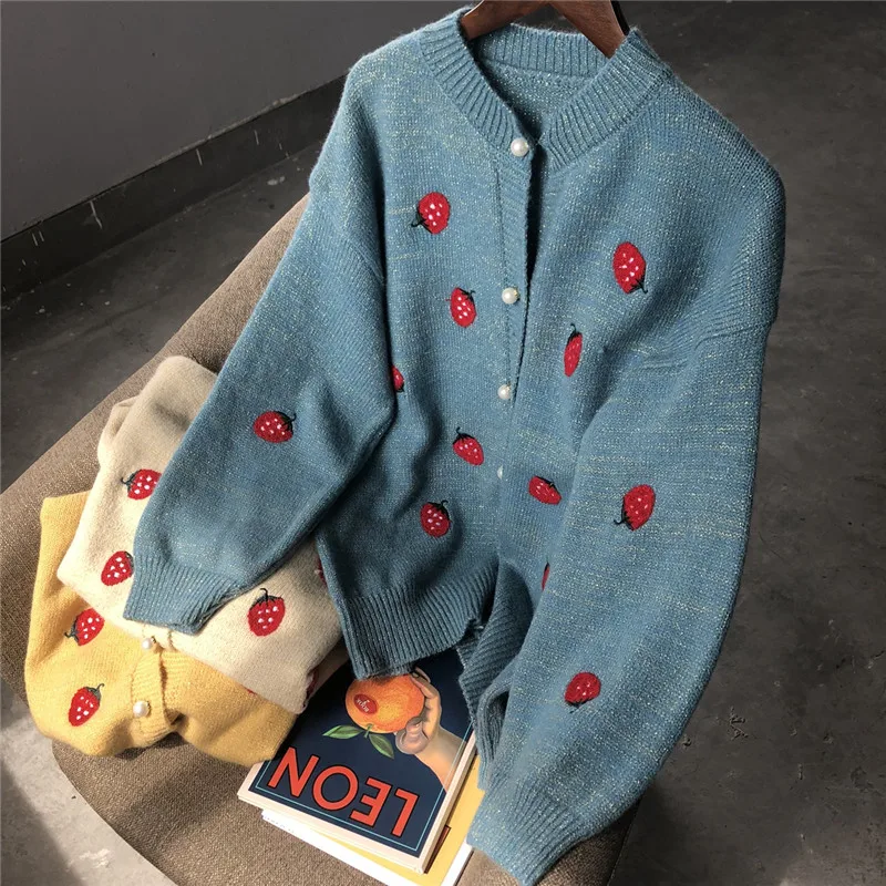 OCEANLOVE Lurex Shiny Cardigans Embroidery Strawberries Sweet Sweaters Women Soft Korean Kawaii Chaqueta Mujer Beading 13265
