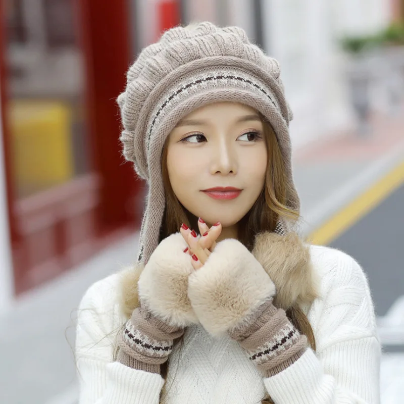 coffee glove hat Утолщенная зимняя шапка для девочек, новые модные помпоны из искусственного меха, зимняя женская шапка, женские шапки, теплые перчатки и вязаная шапка, комплект - Цвет: coffee glove hat