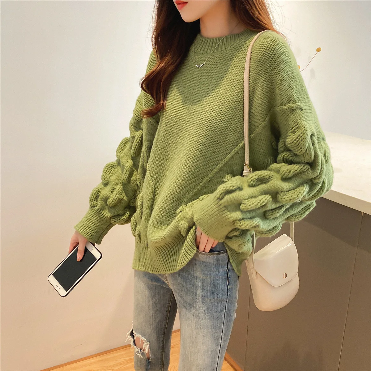 Neploe, свободный, необычный стиль, твист, вязаный, Pull Femme Hiver, толстый, круглый вырез, длинный рукав, теплый пуловер, свитер, Осень-зима, Sueter - Цвет: green