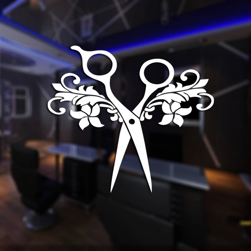 DCTAL Barber Shop Sticker Name Scissors Hair Salon Decal Neutral Haircut Poster Vinyl Wall Art Decals Decor Windows