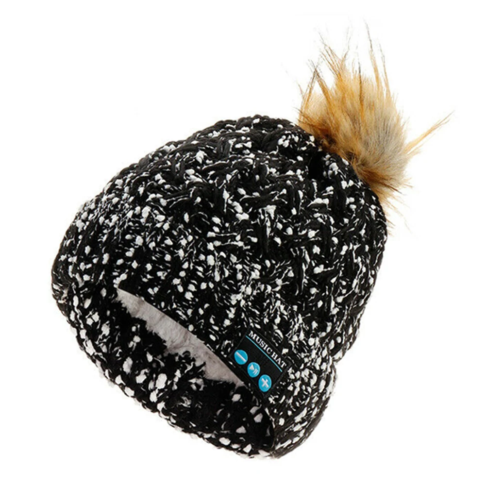 Черный Стерео модный наушник динамик мягкий Bluetooth Музыка вязаный беспроводной Skullies Эластичный теплый плюш уличная зимняя шапка - Цвет: Черный