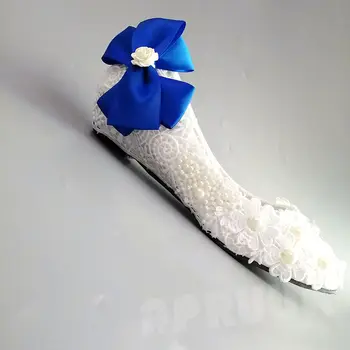 

Blue bow lace shoes woman ladies woman's handmade blue butterfly-knot girls party dinner proms dress shoes