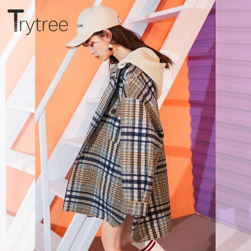 Ttytree 2019 Осень Зима Женское повседневное пальто с капюшоном в клетку однобортное