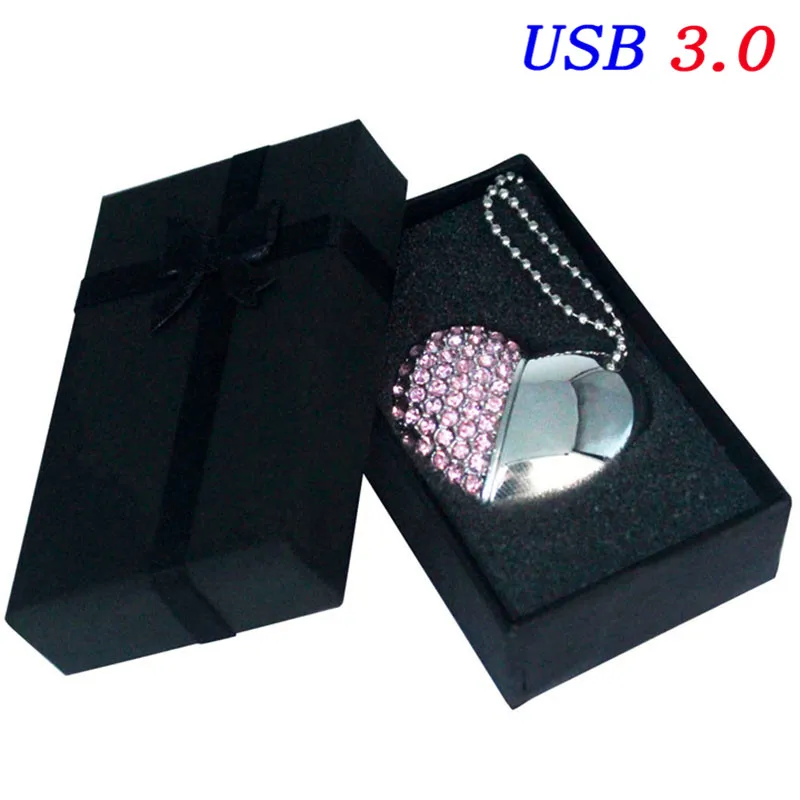 USB 3,0 Металлический Алмазный кристалл сердце с коробкой USB флэш-накопитель 16 ГБ 32 ГБ 64 Гб 128 ГБ флеш-накопитель Флэшка привод индивидуальный логотип Подарочный - Цвет: Pink