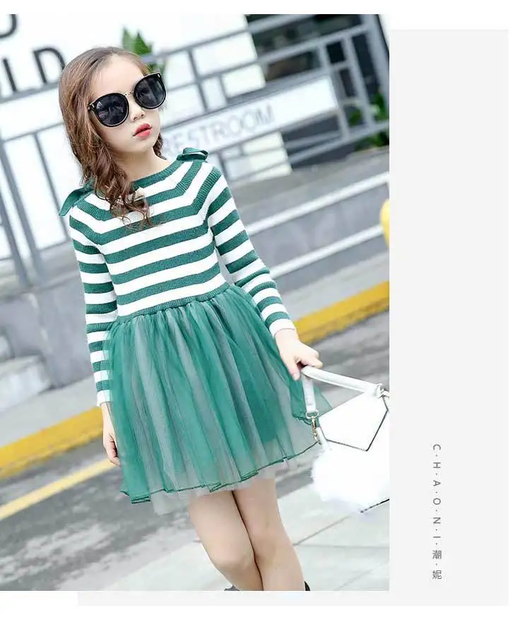 Вязанная школьная одежда свитера принцесс для девочек платье осень г. Лоскутное детское платье Одежда для девочек с длинными рукавами зеленого и черного цвета