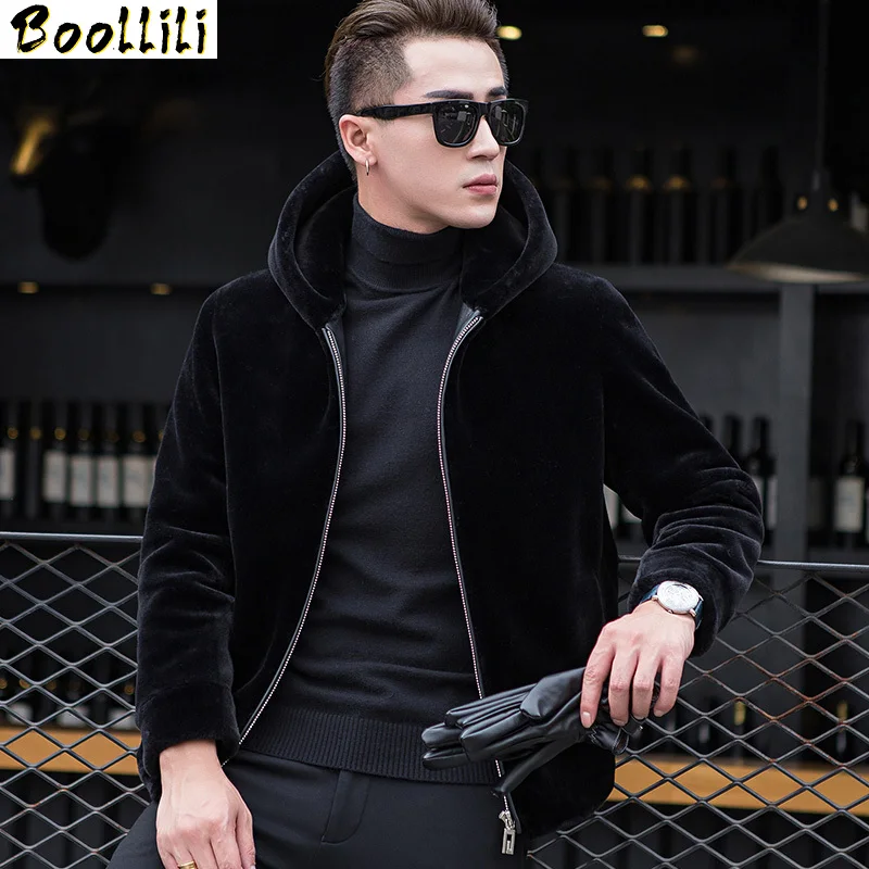 

Boollili Real Fur Coat Autumn Winter Jacket Men Sheep Shearing Wool Coats Plus Size Short Hooded Men's Jackets