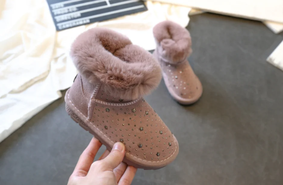 winter kids snow boots baby girls crystal shoes genuine leather fur pink ankle boots school children warm plush boots - Цвет: Розовый