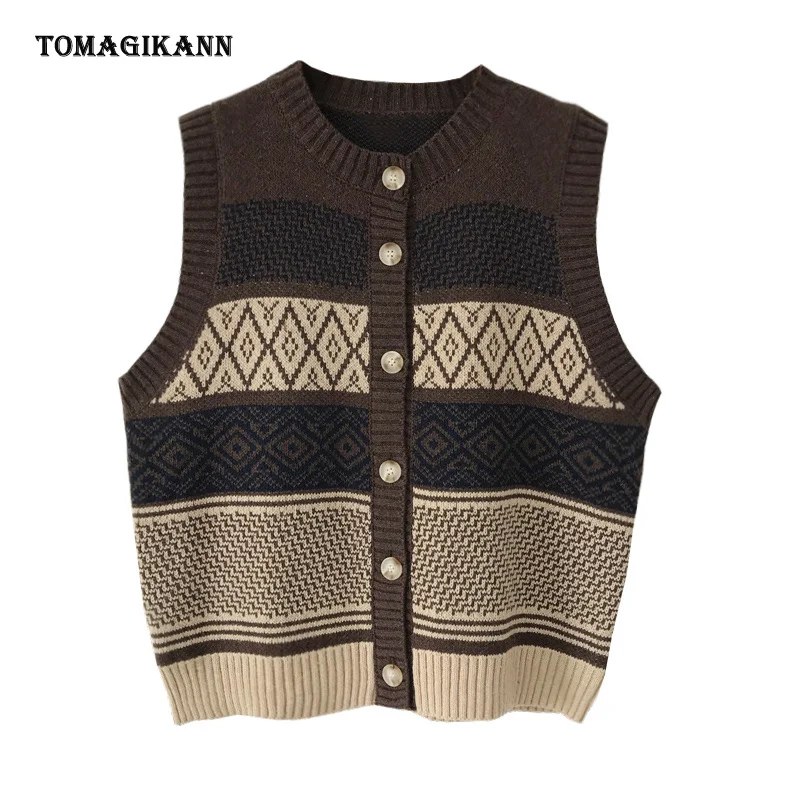 

Vintage Women Sweater Cardigan O Neck Single Breasted Knitting Vest Coat 2020 Autumn Contrast Colors Knitwear Tops