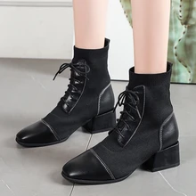 Women's Ankle Boots 2021 PU Leather Stitching Cross Tie Shoes Winter Elegant Square Heel Short Boots Women Fashion Women Boots
