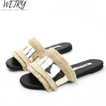 

2020 Women Slippers Fashion Metal Bling Fur Slides Flat Flip Flops Summer Winter Outside Home Slipper Cozy Ladies Shoes